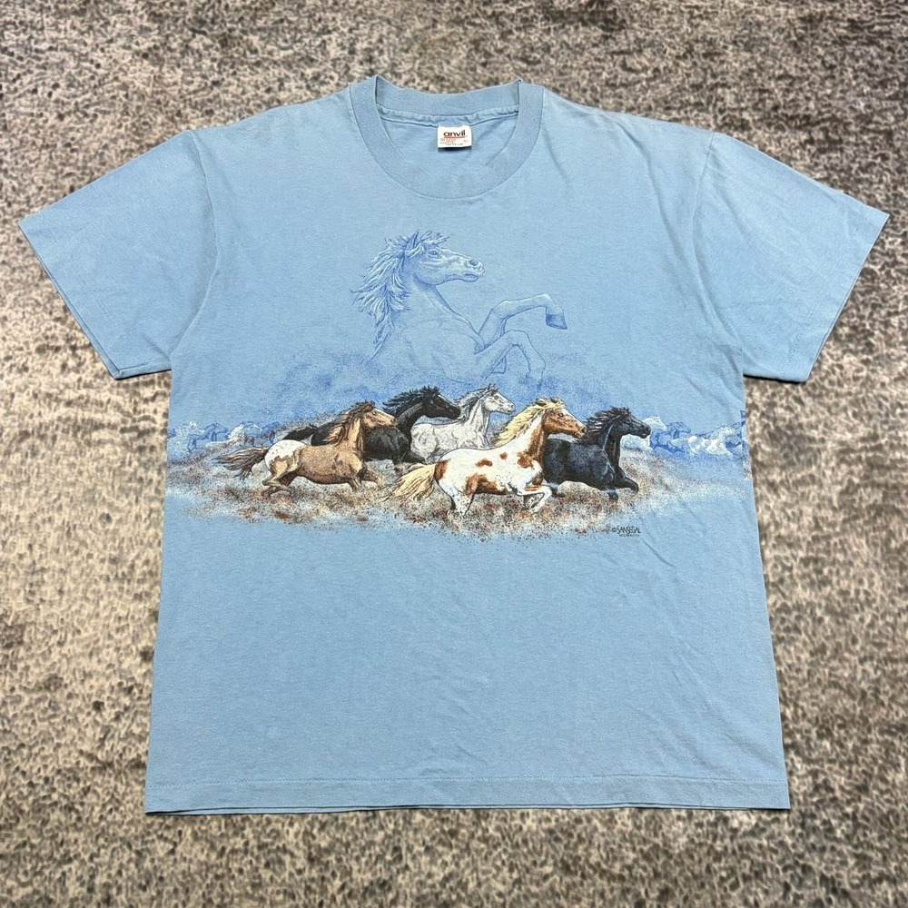 VTG San Segal Horse T Shirt Mens Large Blue Wrap Around Animal Nature Wildlife